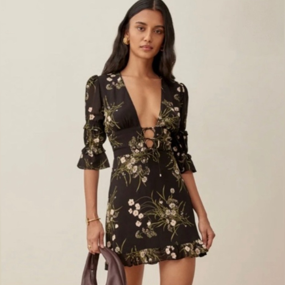 Reformation Lorelei Deep V-neck Floral Mini Dress